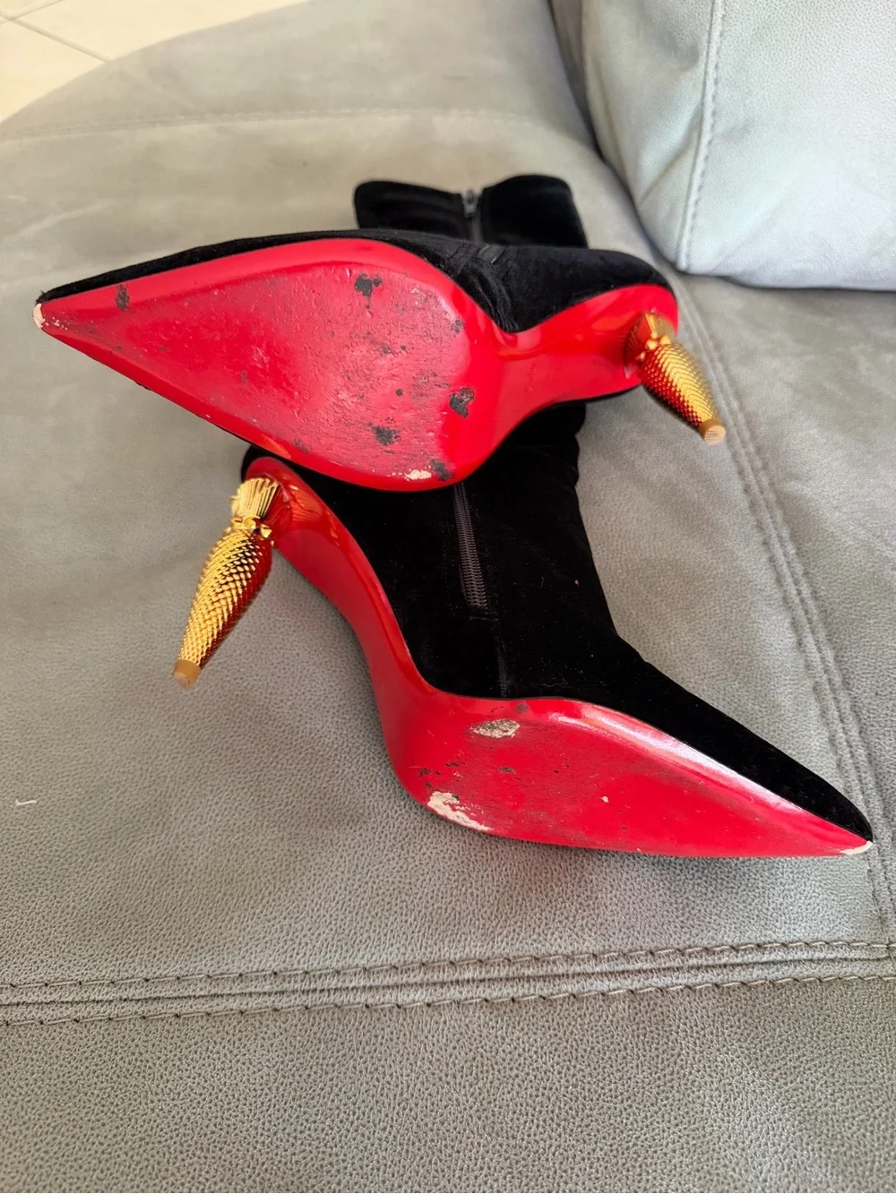 Christian Louboutin Black Velvet Ankle Boots with Gold Sculptural Heel